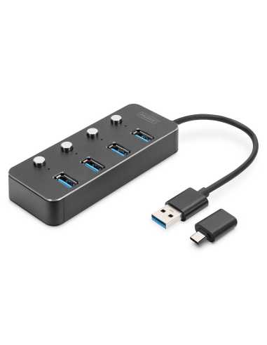 Digitus Hub USB 3.0, 4 puertos, conmutable, carcasa de aluminio
